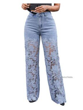 High Waist Lace Spliced Wide Leg Jeans Floral Sheer Pull On
